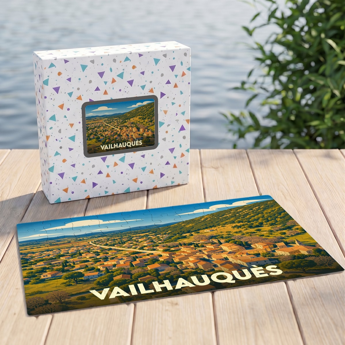 Puzzle souvenir de la ville de Vailhauquès représentant un paysage ensoleillé au style illustré.