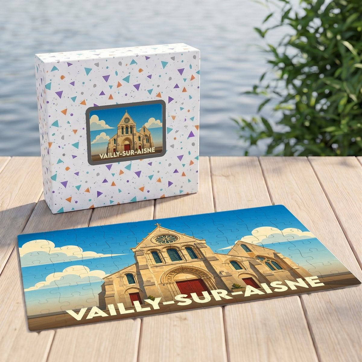 Puzzle souvenir de la ville de Vailly-sur-Aisne avec une illustration stylisée de son église.