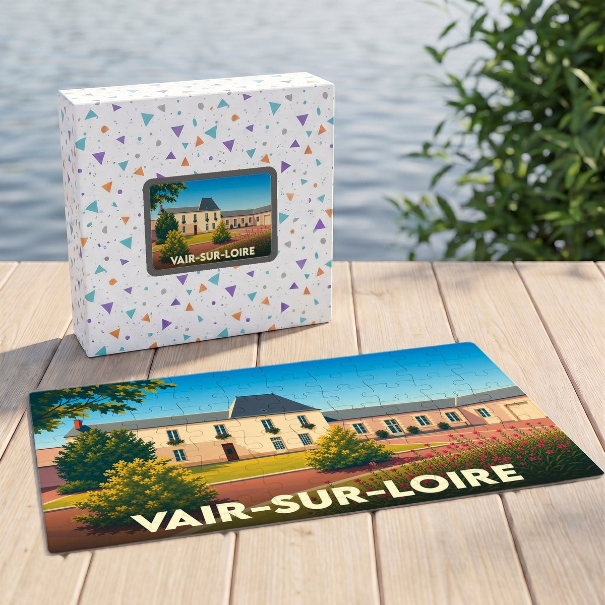 Puzzle souvenir de la ville de Vair-sur-Loire avec une illustration stylisée et colorée.