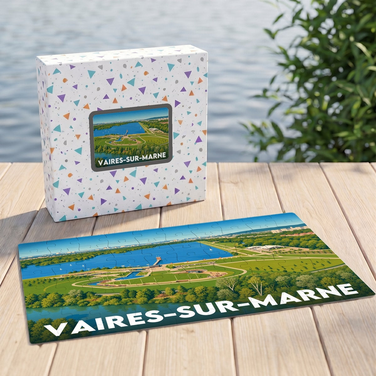 Puzzle souvenir de la ville de Vaires-sur-Marne avec une illustration panoramique de sa base nautique.