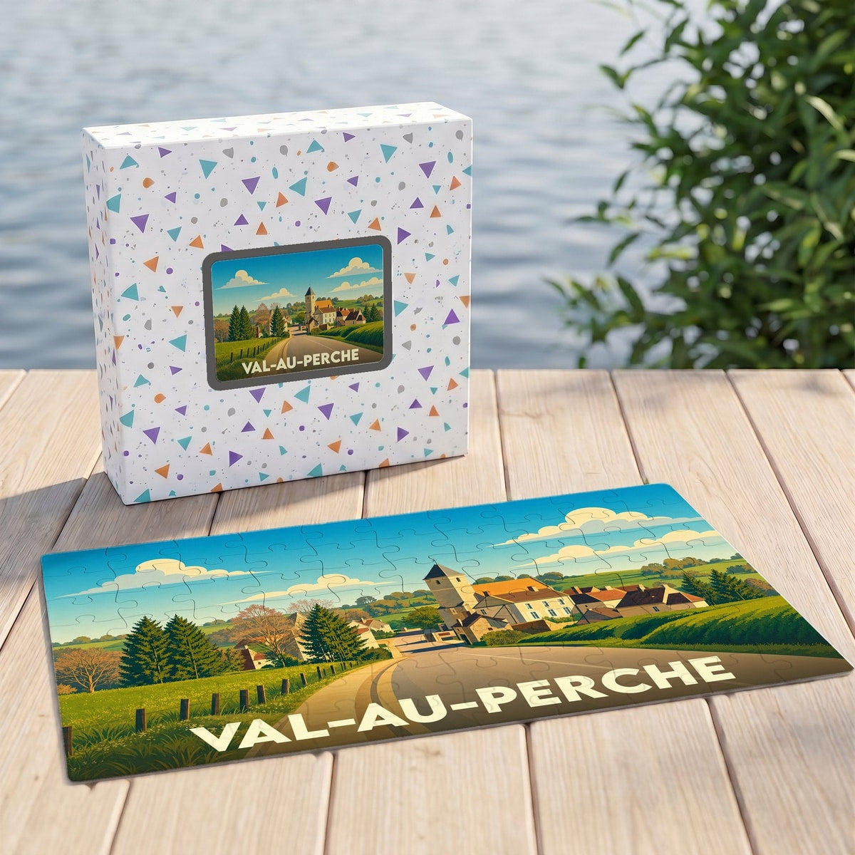 Puzzle souvenir de la ville de Val-au-Perche avec une illustration stylisée d'un paysage de campagne.