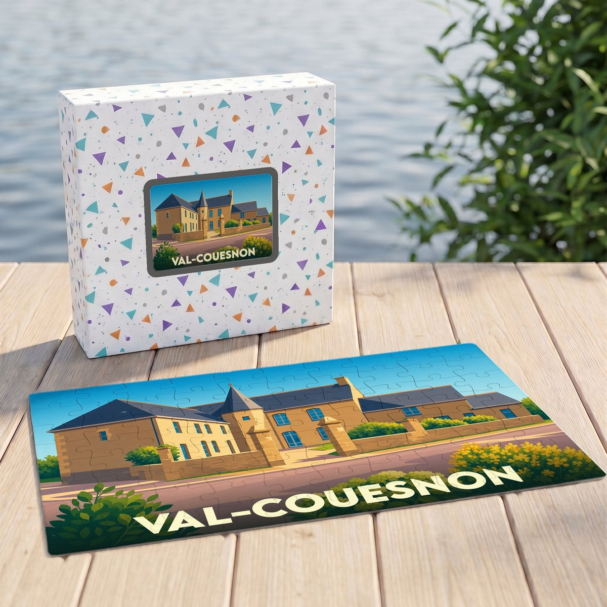 Puzzle souvenir de la ville de Val-Couesnon avec une illustration stylisée d'un manoir breton.