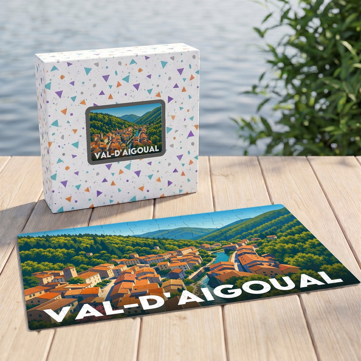 Puzzle souvenir de la ville de Val-d'Aigoual avec une illustration stylisée de ses paysages et de son architecture.