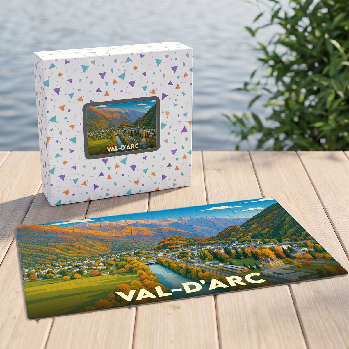 Puzzle souvenir de la ville de Val-d'Arc représentant un paysage de montagne automnal illustré.