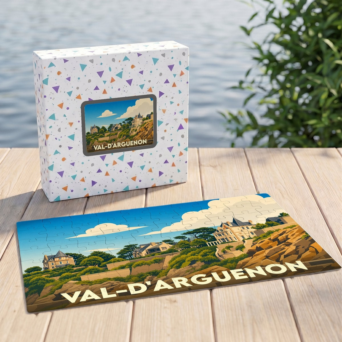 Puzzle souvenir de la ville de Val-d'Arguenon avec une illustration stylisée de son paysage côtier.