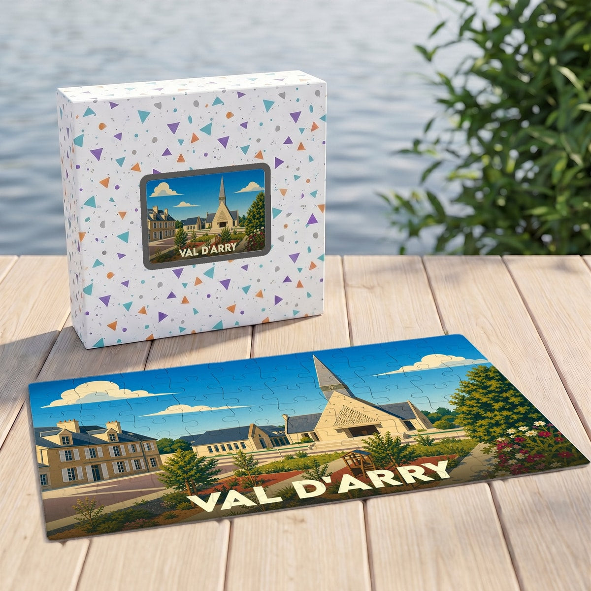 Puzzle souvenir de la commune de Val d'Arry avec une illustration colorée de son paysage urbain.