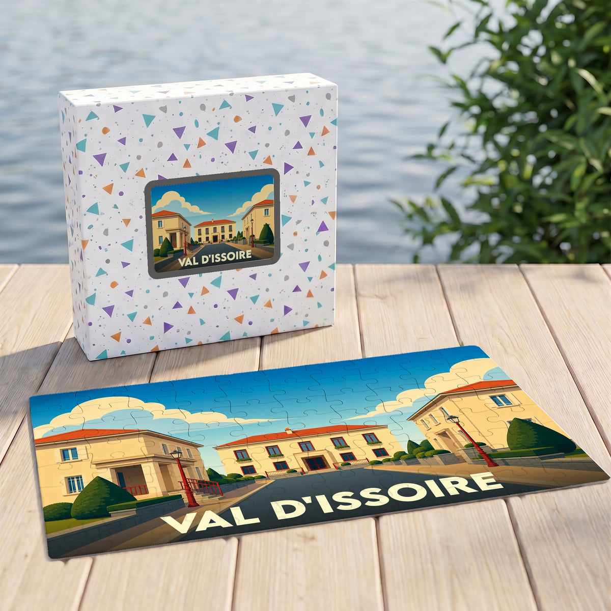 Puzzle souvenir de la ville de Val d'Issoire avec une illustration stylisée et colorée.