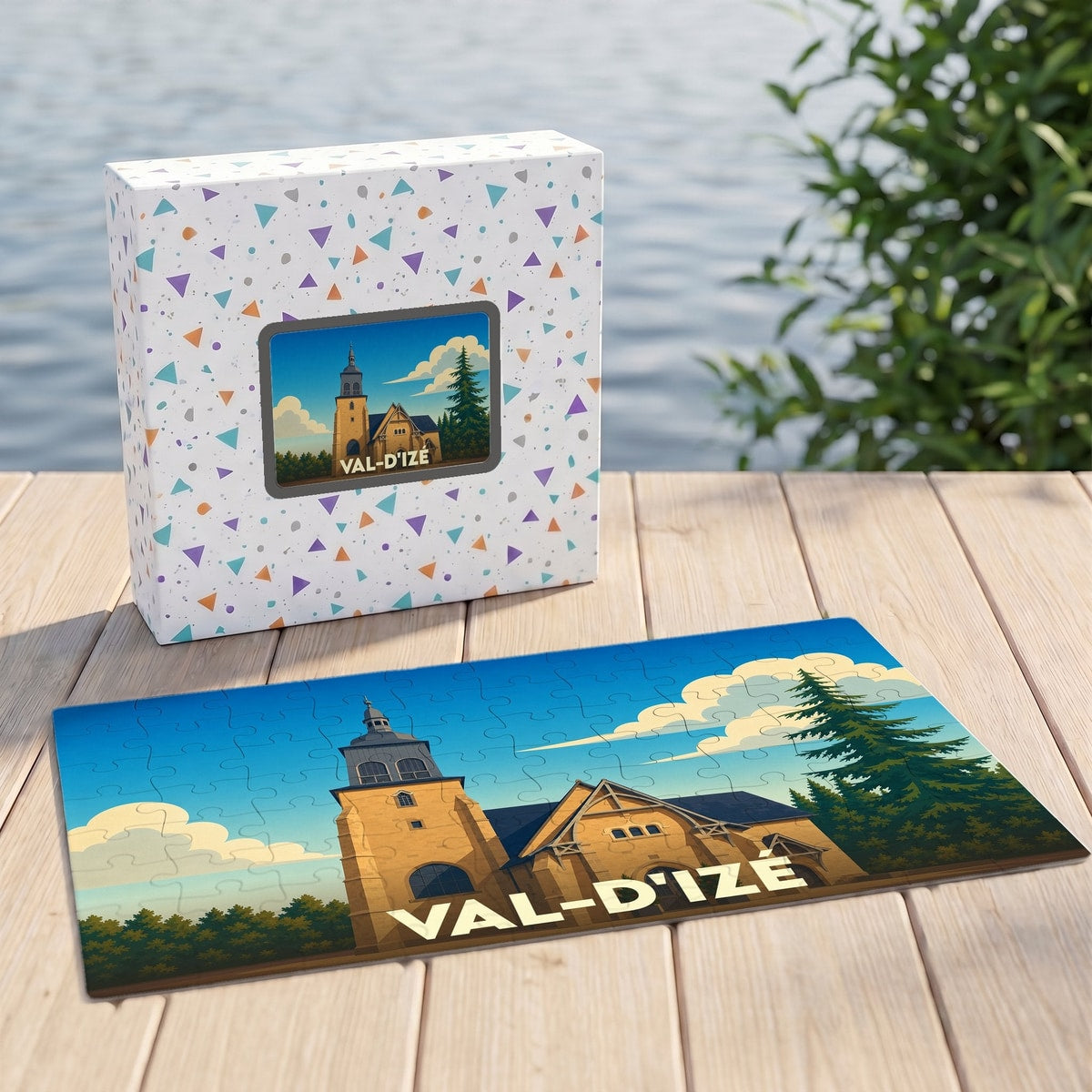 Puzzle souvenir de la ville de Val-d'Izé avec une illustration stylisée de son église.