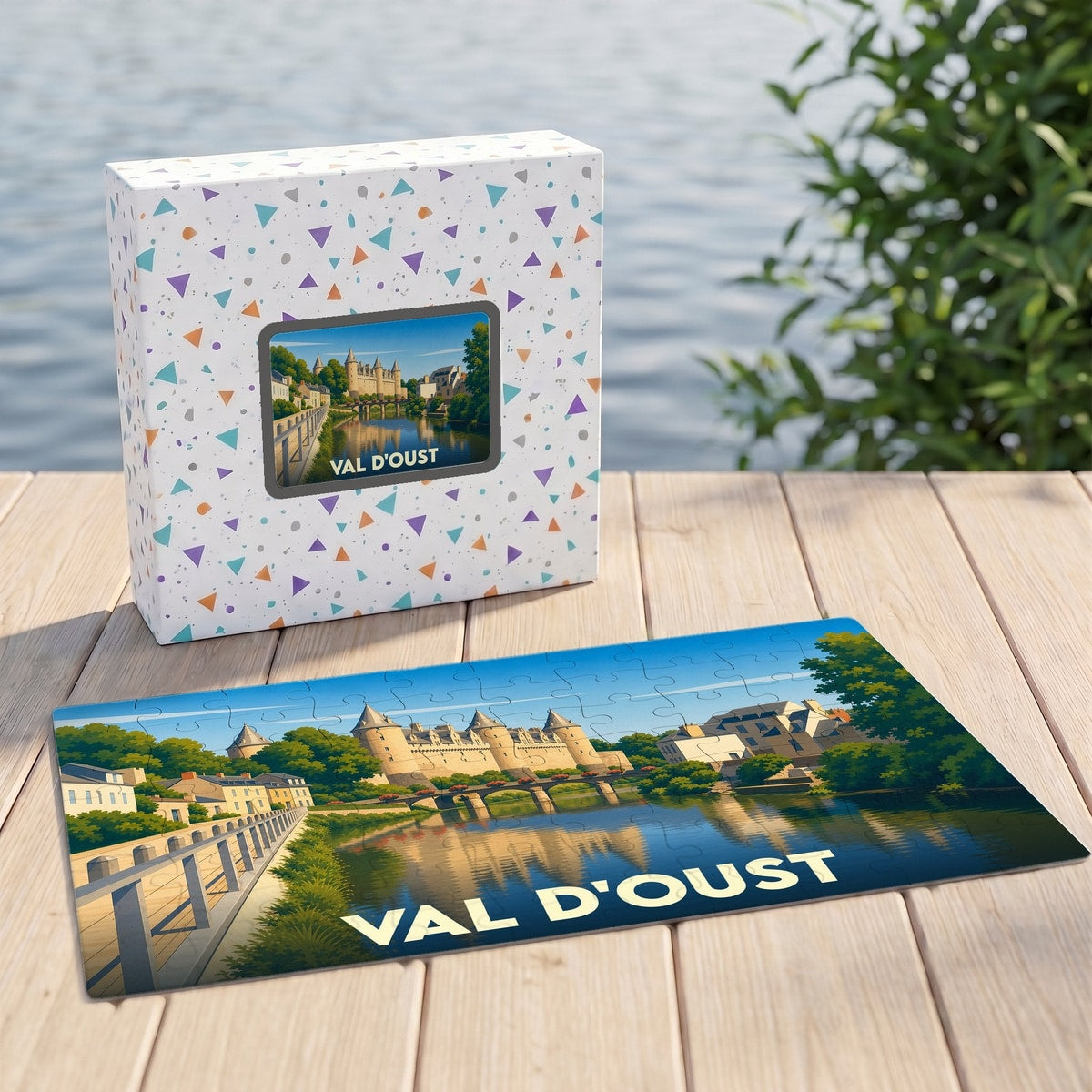 Puzzle souvenir de la commune de Val d'Oust avec une illustration stylisée d'un château au bord de l'eau.