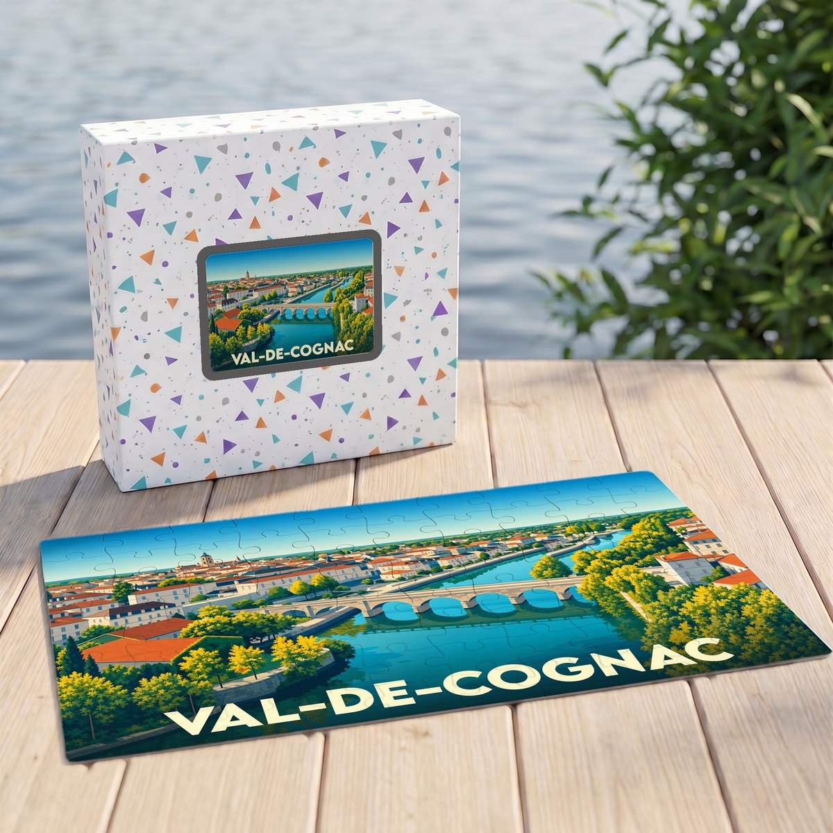 Puzzle souvenir de la ville de Val-de-Cognac avec une illustration stylisée d'un paysage fluvial.