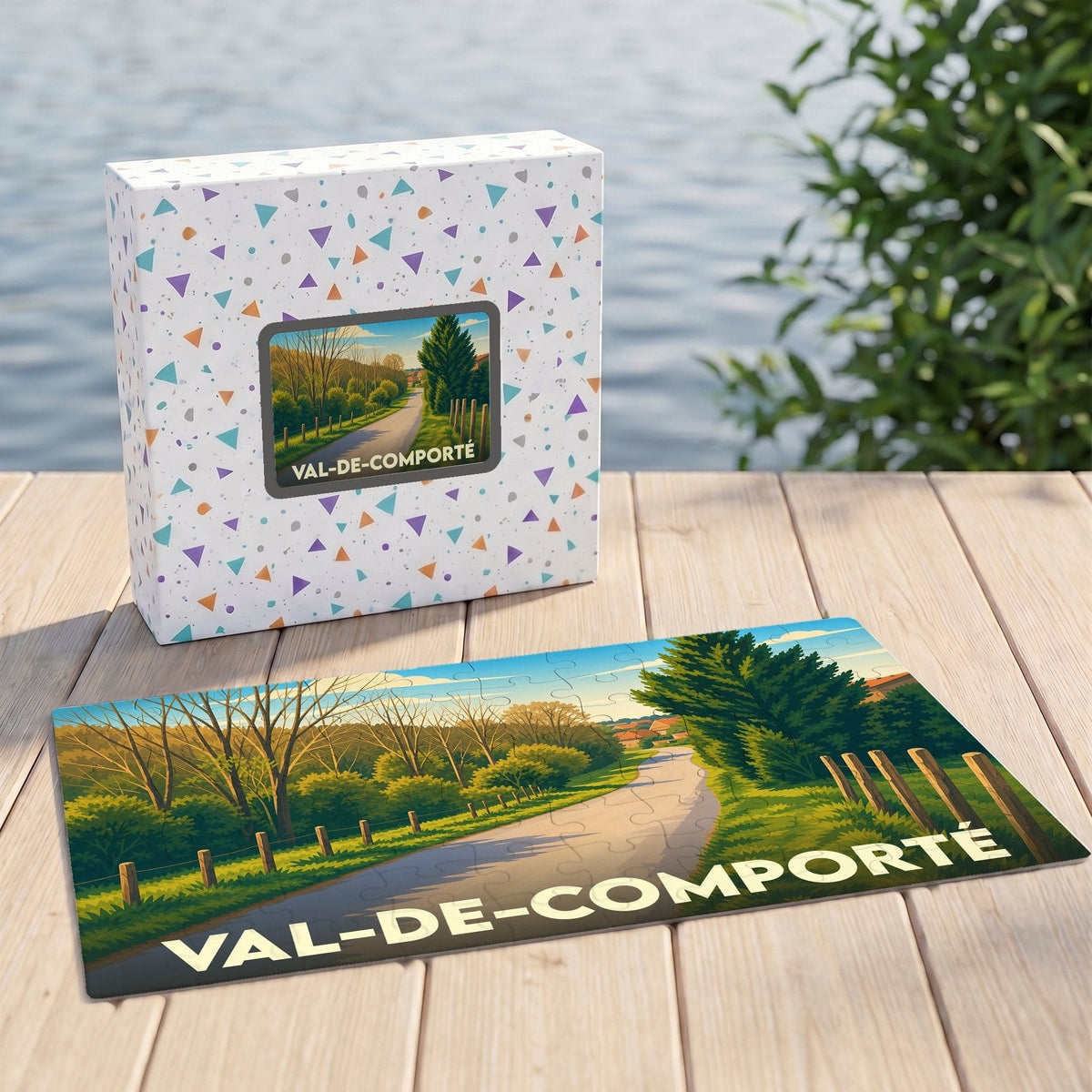 Puzzle souvenir de la ville de Val-de-Comporté avec une illustration de paysage champêtre.
