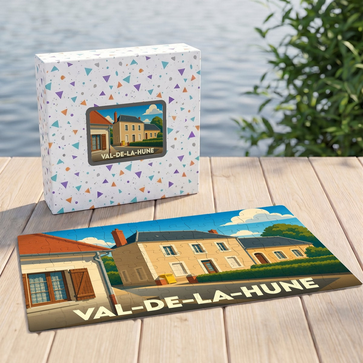 Puzzle souvenir de la ville de Val-de-la-Hune avec une illustration stylisée d'un paysage urbain.