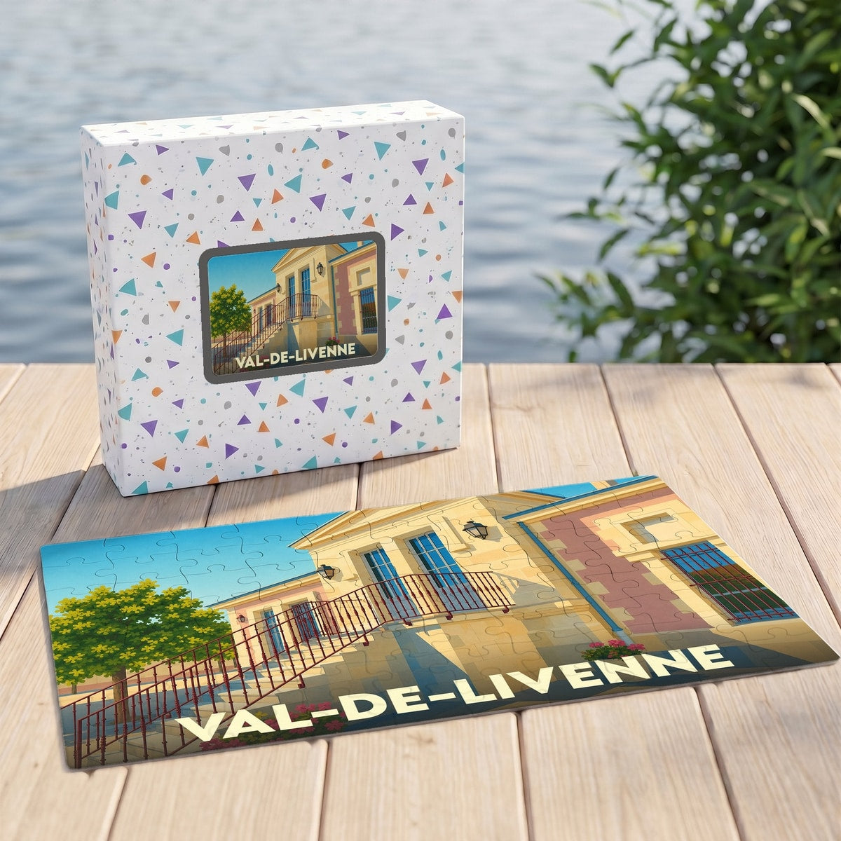 Puzzle souvenir de la ville de Val-de-Livenne avec une illustration stylisée d'un bâtiment ensoleillé.
