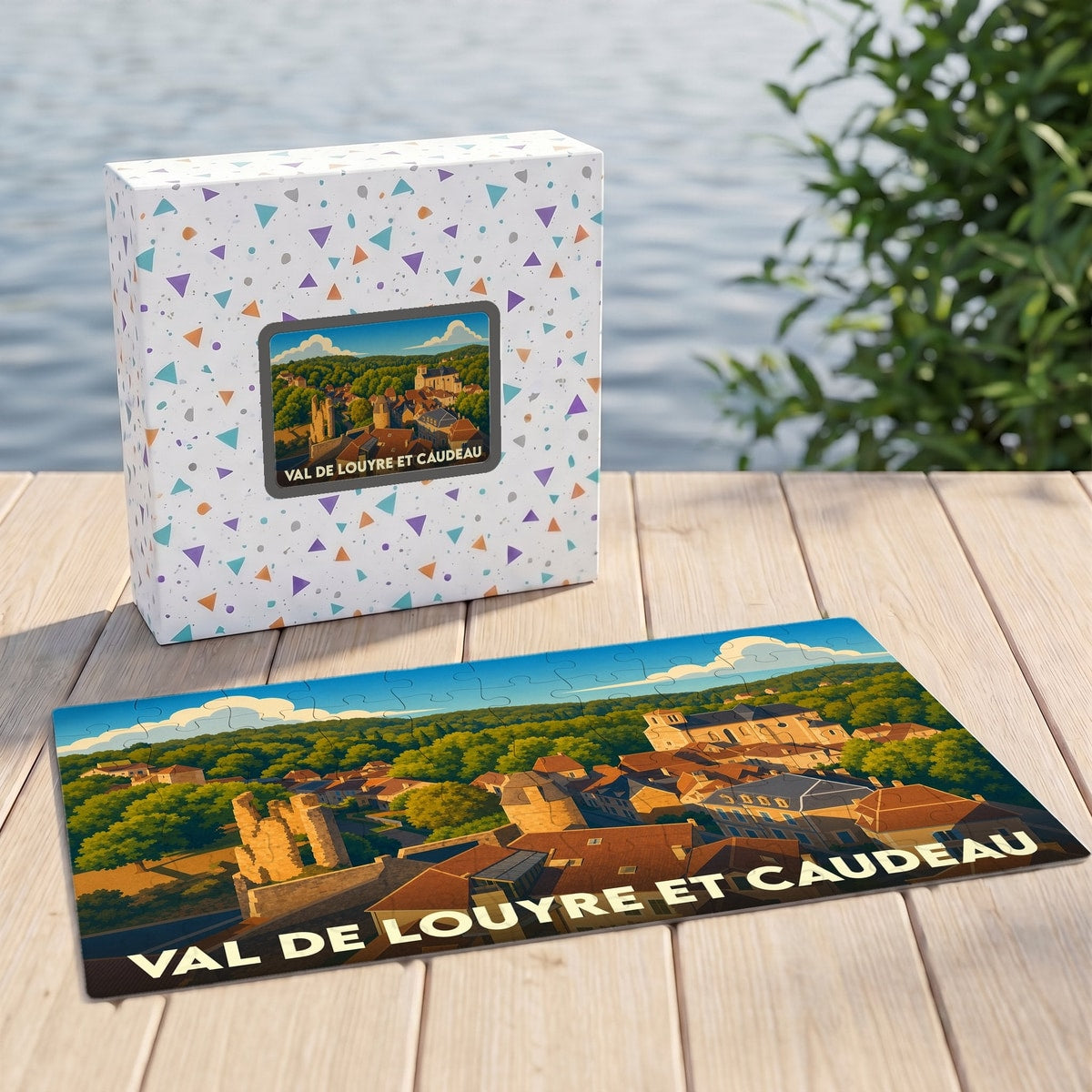 Puzzle souvenir de la ville de Val de Louyre et Caudeau avec une illustration stylisée de son paysage urbain.