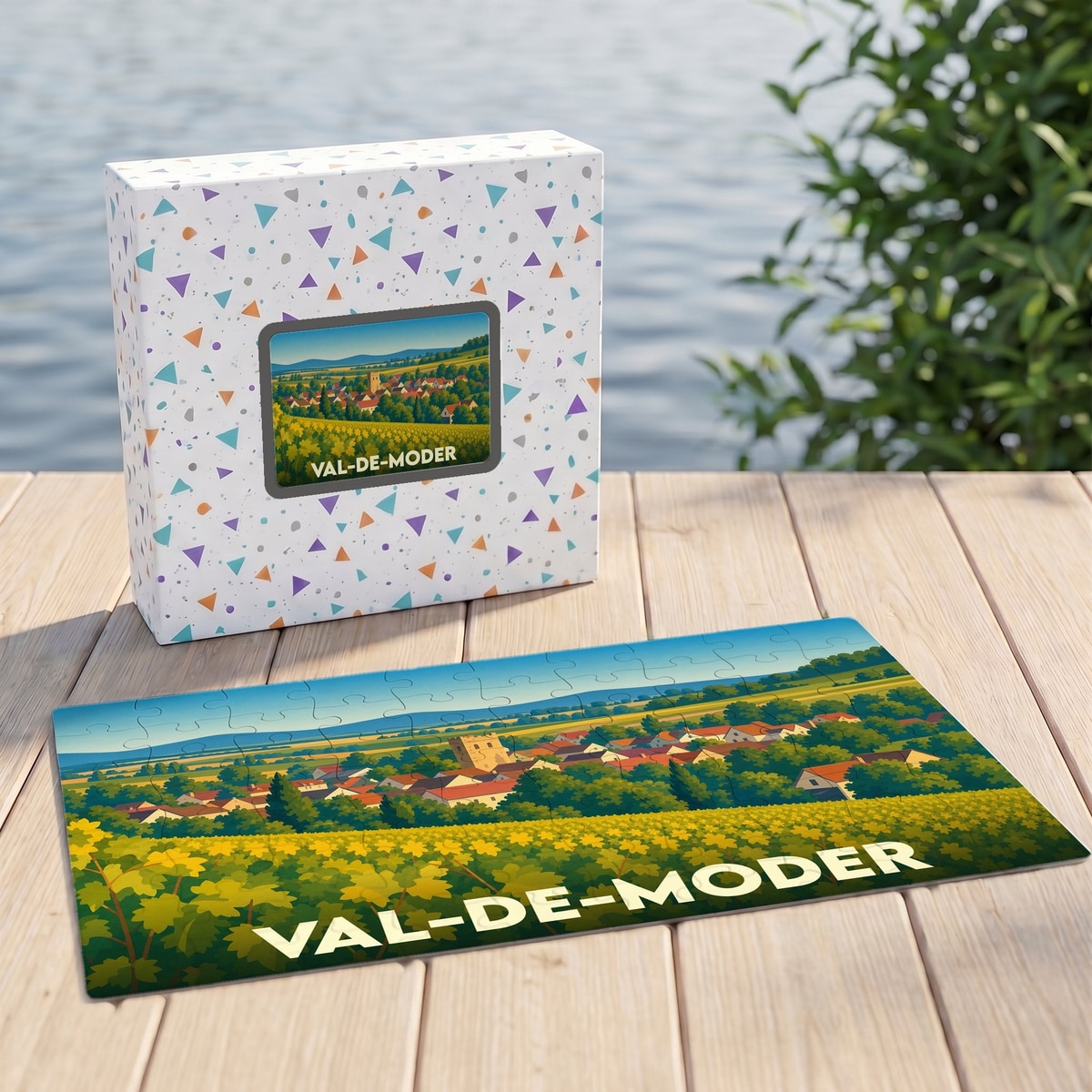 Puzzle souvenir de la ville de Val-de-Moder avec une illustration stylisée d'un paysage rural.