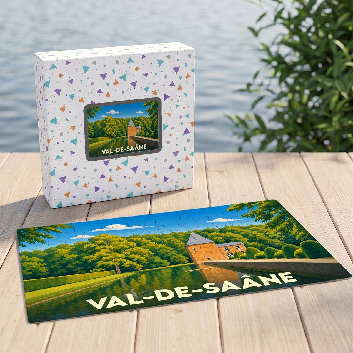 Puzzle souvenir de la ville de Val-de-Saâne avec une illustration colorée représentant un château au bord de l'eau.