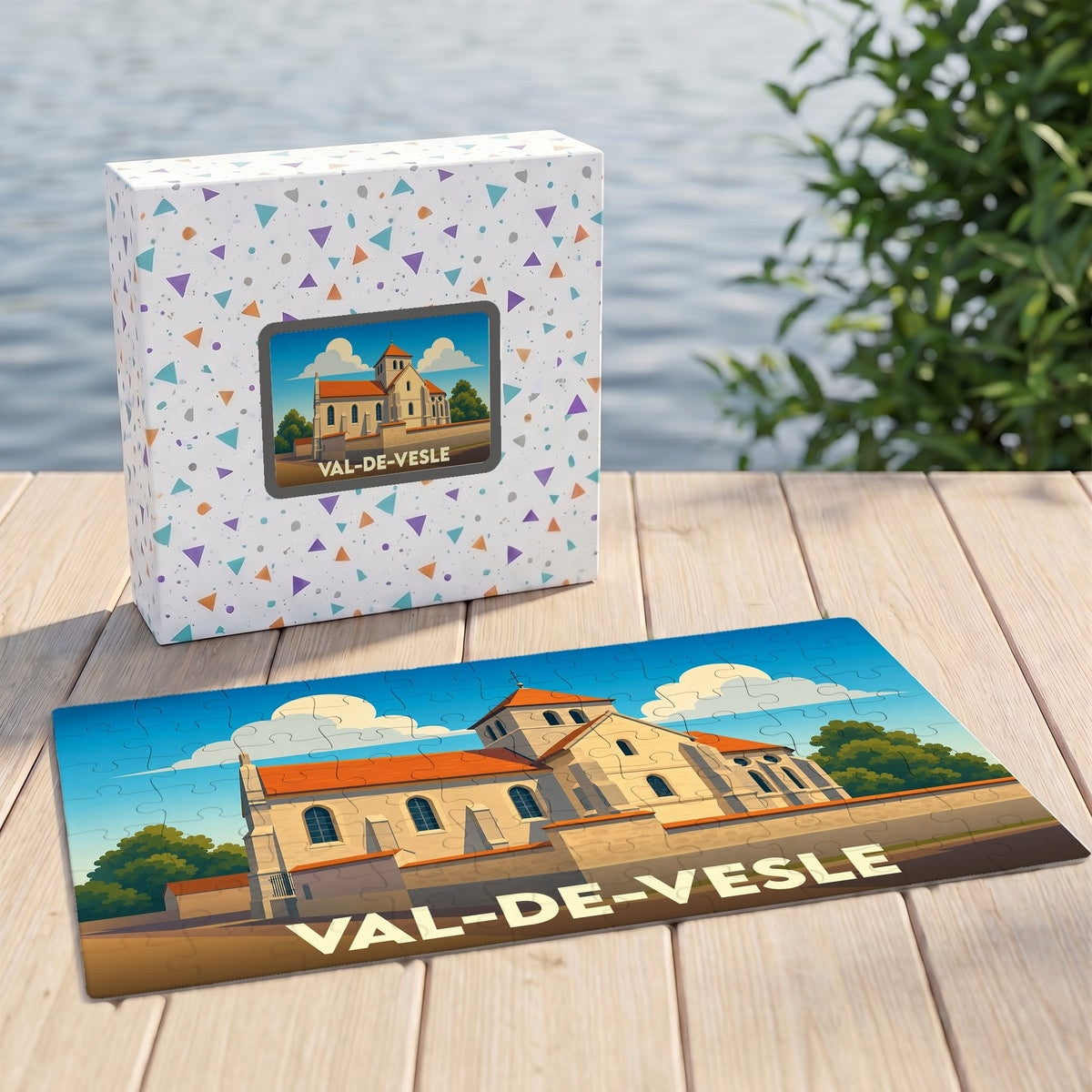 Puzzle souvenir de la ville de Val-de-Vesle avec une illustration stylisée de son église.
