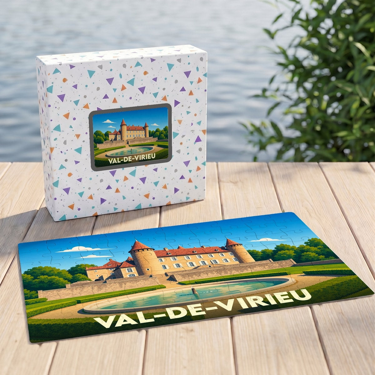 Puzzle souvenir de la ville de Val-de-Virieu avec une illustration stylisée de son château.