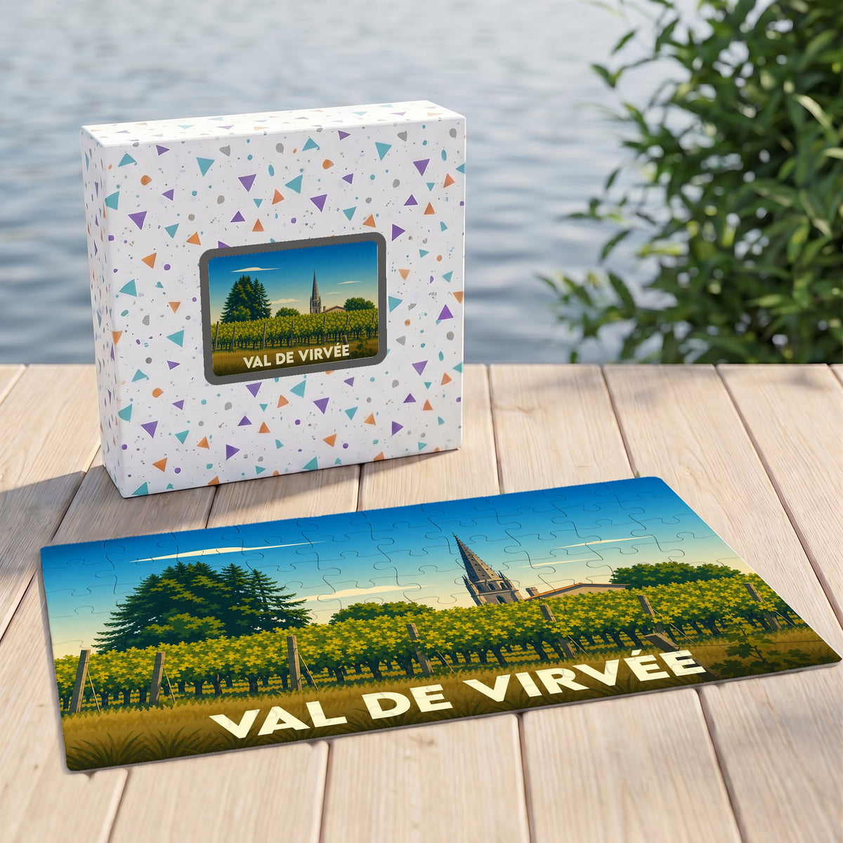 Puzzle souvenir de la commune de Val de Virvée avec une illustration stylisée d'un vignoble et de son église.