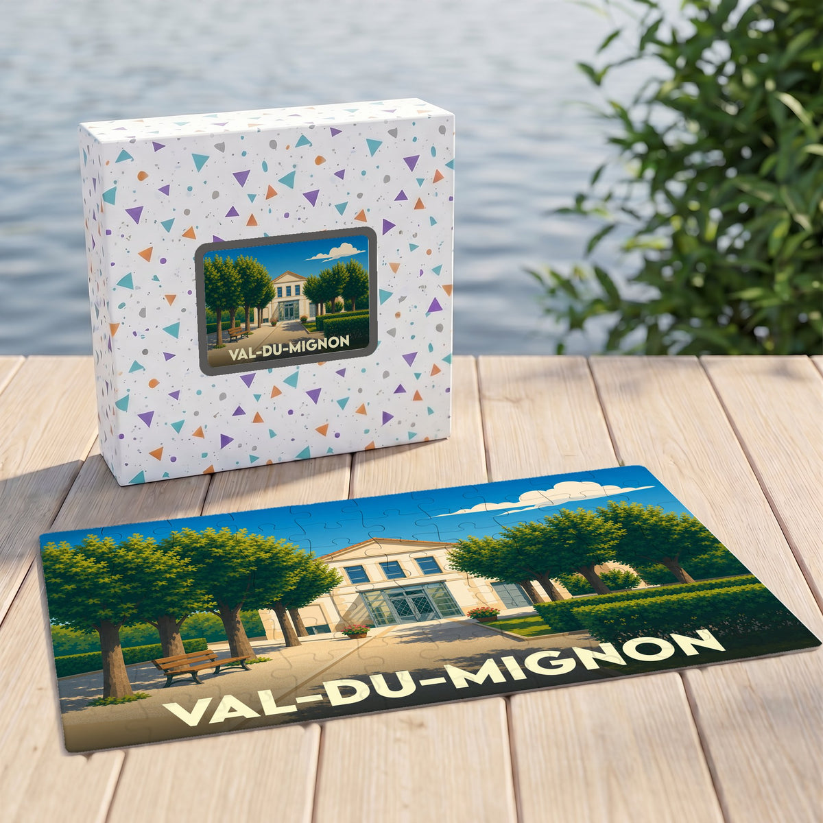 Puzzle souvenir de la ville de Val-du-Mignon avec une illustration colorée d'un bâtiment et son jardin.