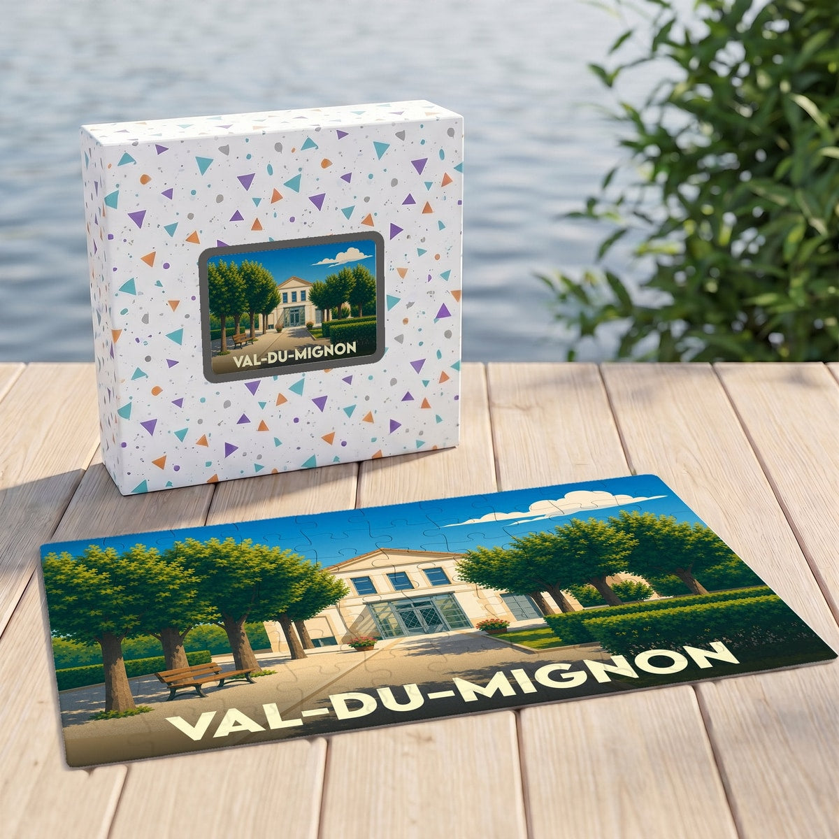 Puzzle souvenir de la ville de Val-du-Mignon avec une illustration colorée d'un bâtiment et son jardin.