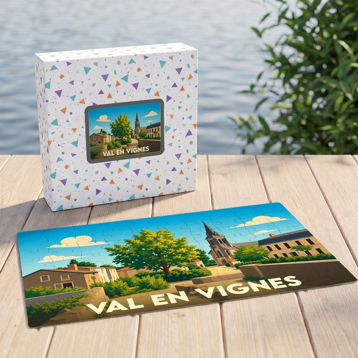 Puzzle souvenir de la ville de Val en Vignes présentant une illustration stylisée d'un paysage urbain paisible.