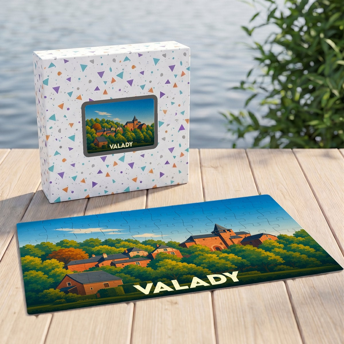 Puzzle souvenir de la ville de Valady avec une illustration stylisée de son paysage urbain.