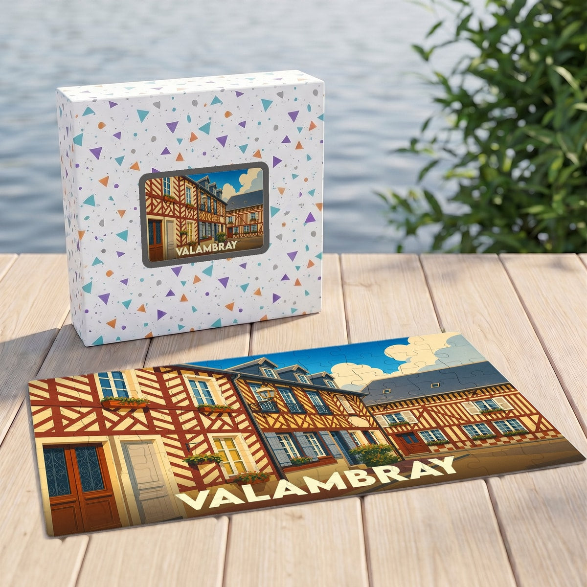 Puzzle souvenir de la ville de Valambray illustrant des maisons à colombages.