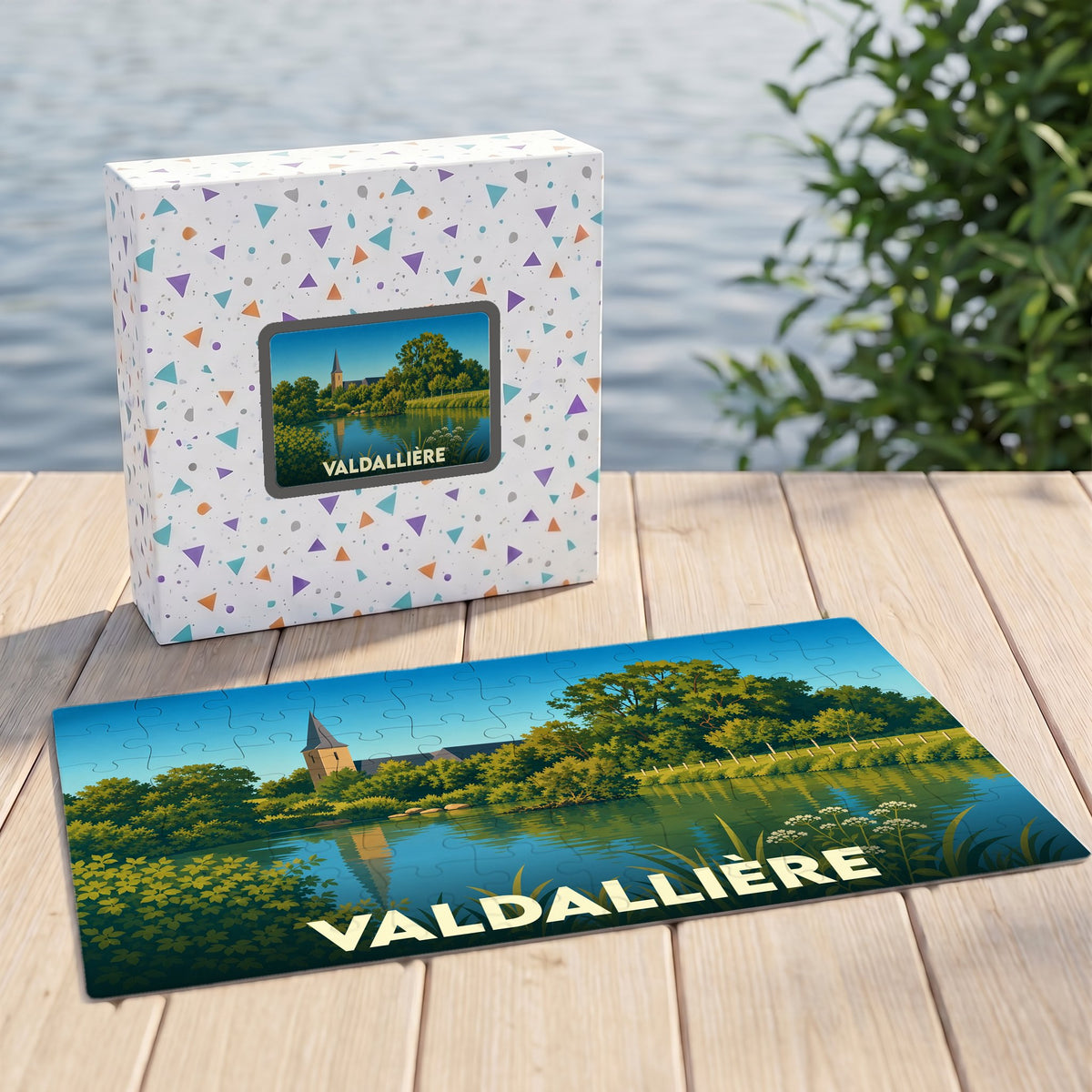 Puzzle souvenir de la ville de Valdallière illustré par un paysage lacustre stylisé.