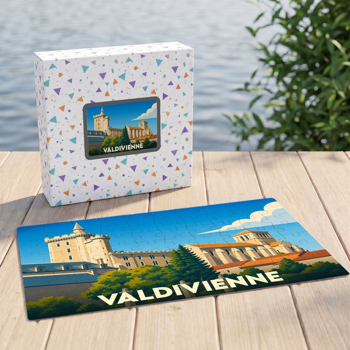 Puzzle souvenir de la ville de Valdivienne avec une illustration stylisée d'un château et d'une abbaye.