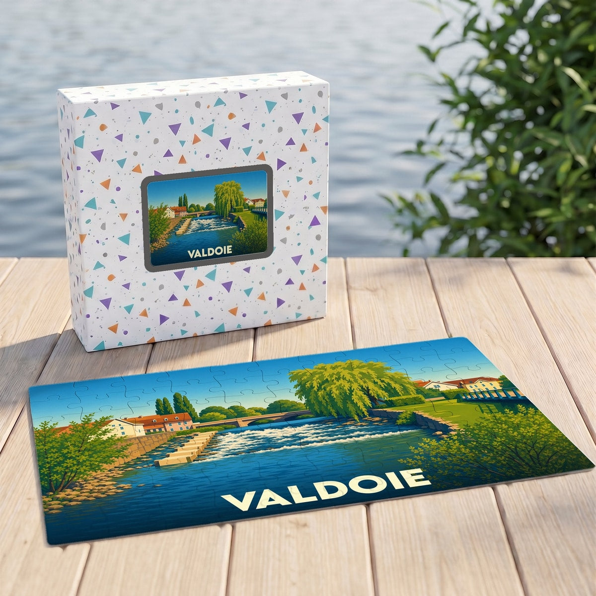 Puzzle souvenir de la ville de Valdoie illustrant un paysage de rivière avec son nom inscrit en lettres capitales.