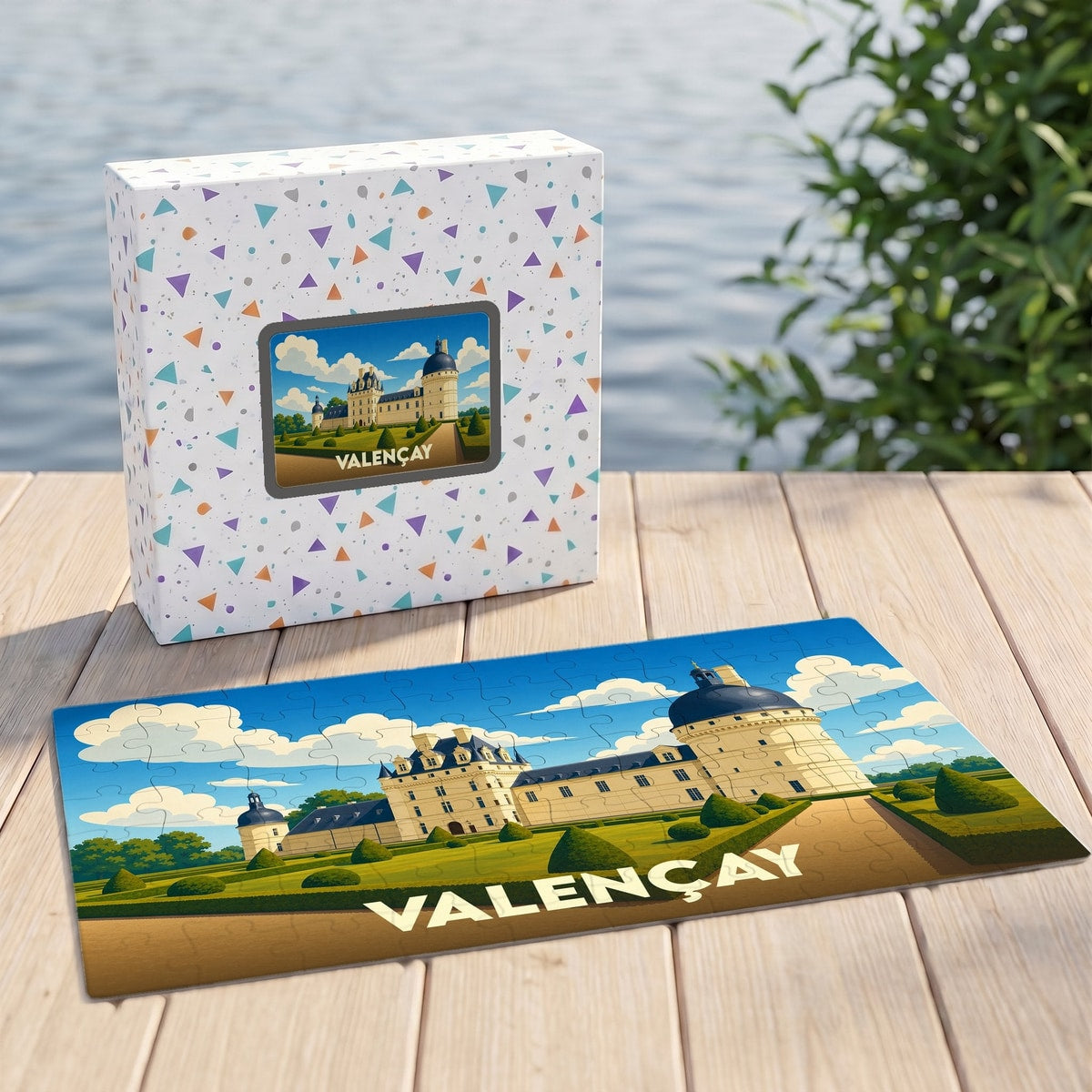 Puzzle souvenir de la ville de Valençay avec une illustration stylisée de son château.