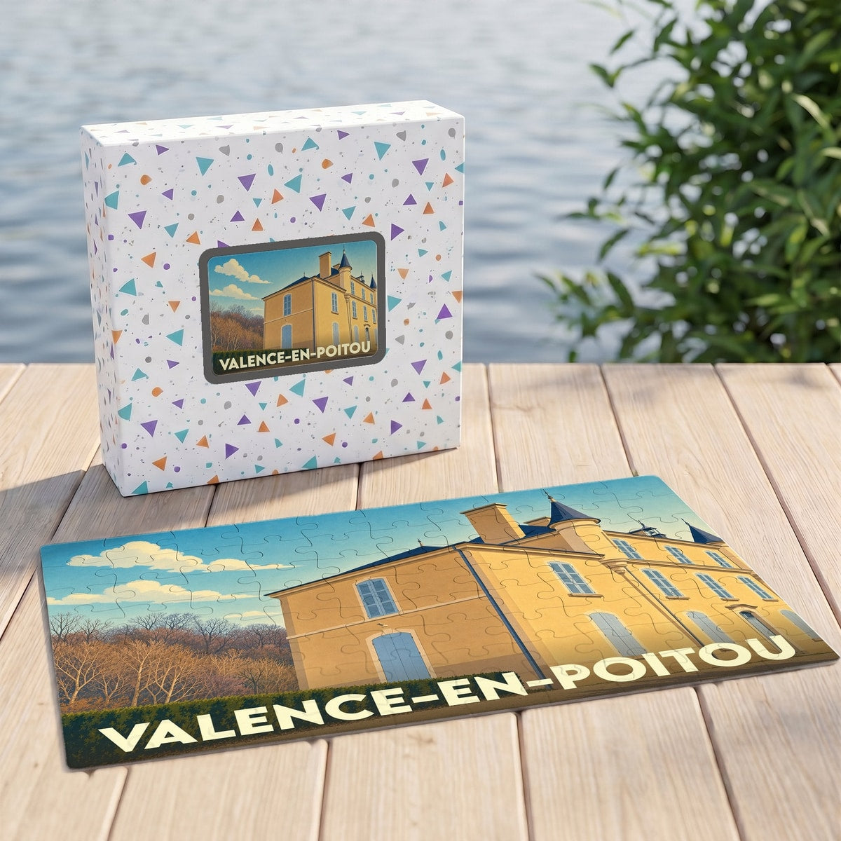 Puzzle souvenir de la ville de Valence-en-Poitou avec une illustration stylisée d'un château.