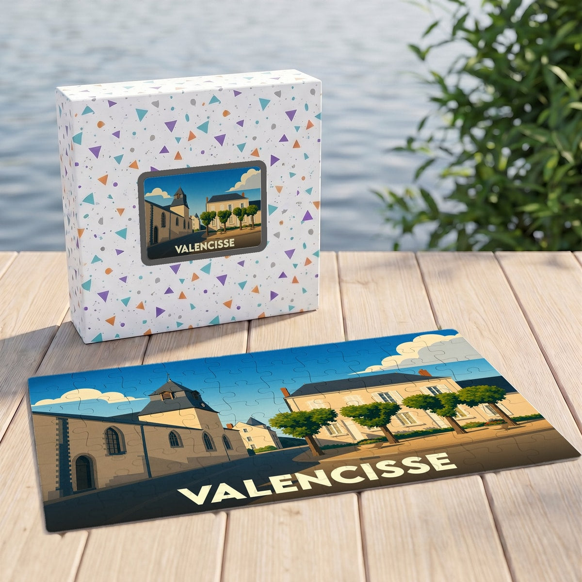 Puzzle souvenir de la commune de Valencisse avec une illustration stylisée d'un paysage urbain.