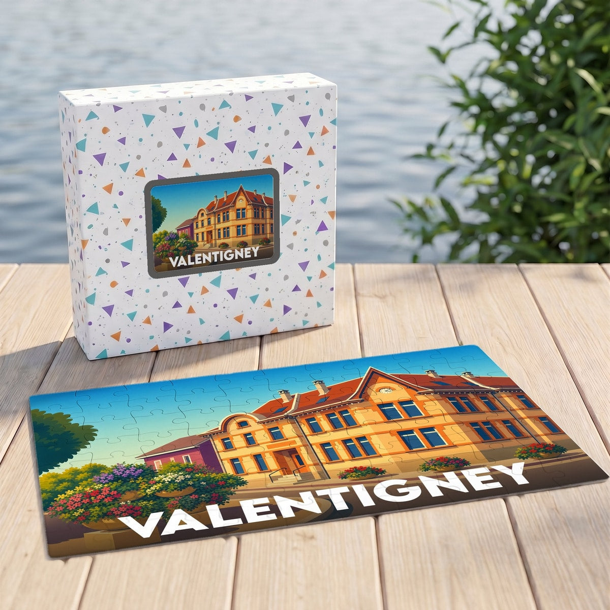 Puzzle souvenir de la ville de Valentigney avec une illustration colorée de son architecture.