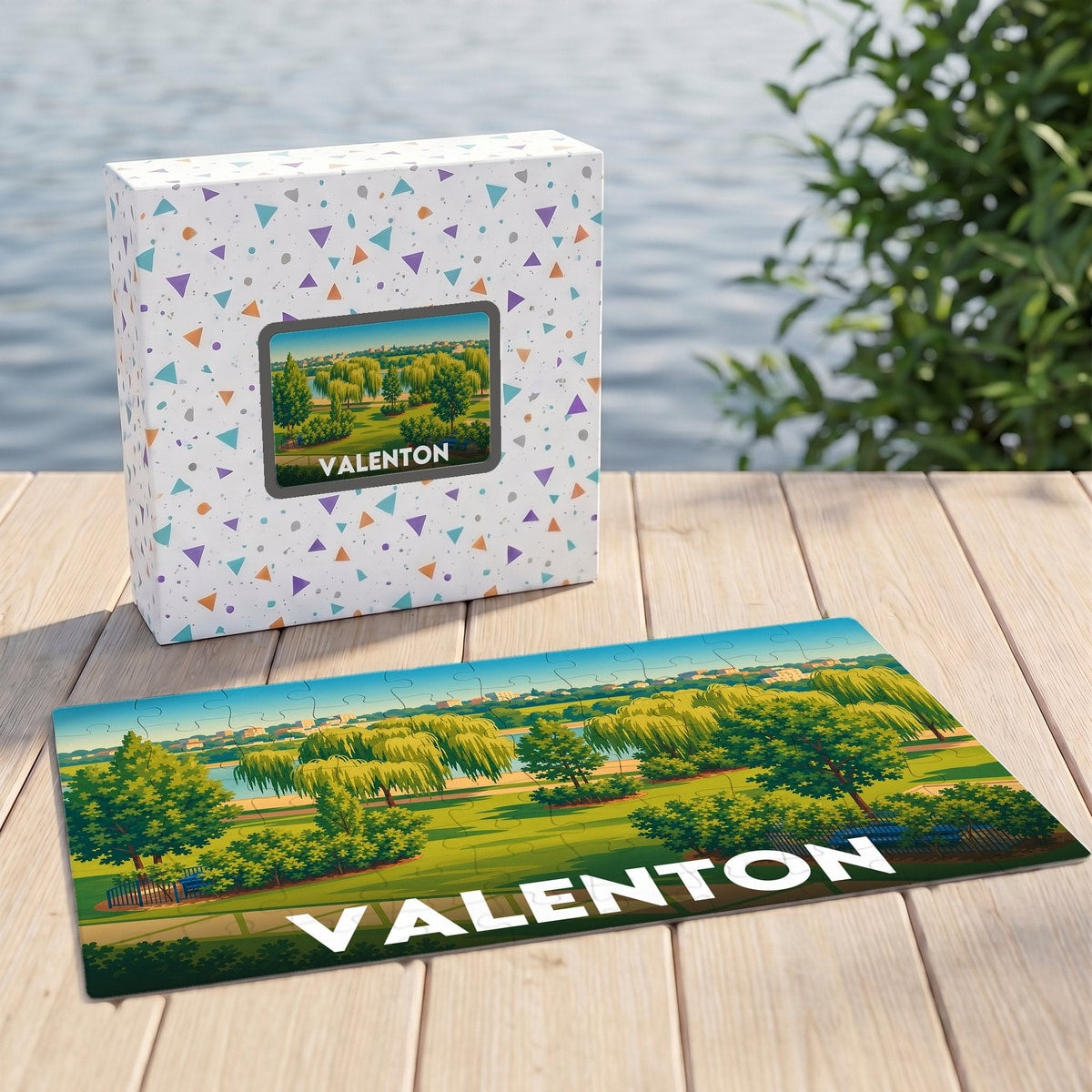 Puzzle souvenir de la ville de Valenton avec une illustration stylisée d'un parc verdoyant.