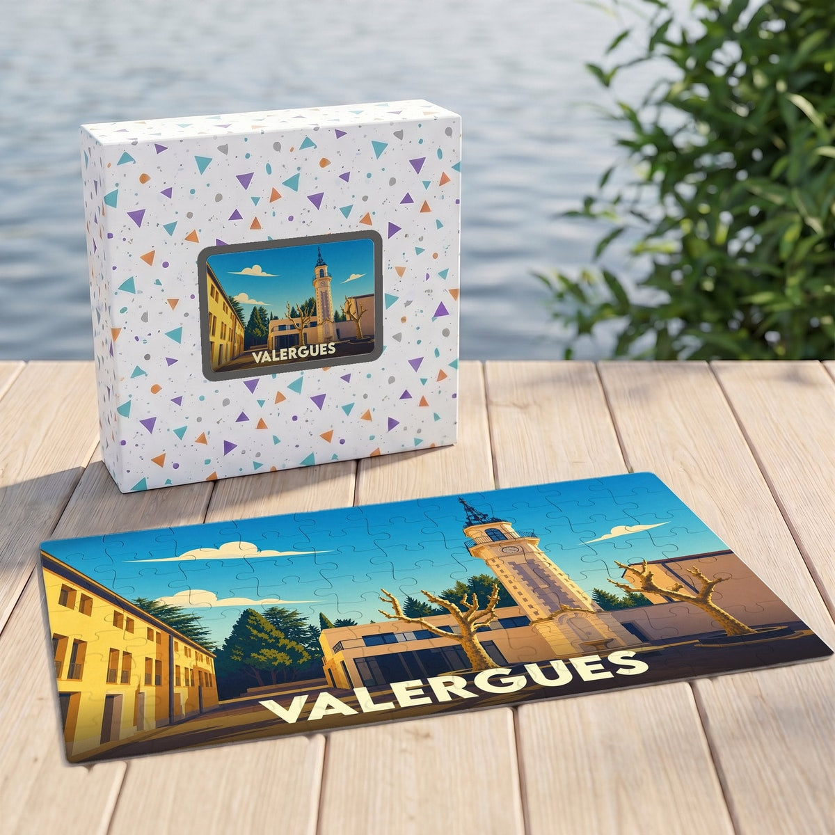 Puzzle souvenir de la ville de Valergues avec une illustration stylisée et sa boîte assortie.