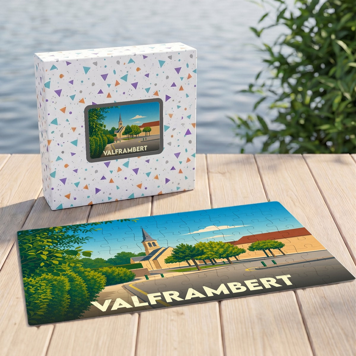 Puzzle souvenir de la ville de Valframbert avec une illustration stylisée et colorée.