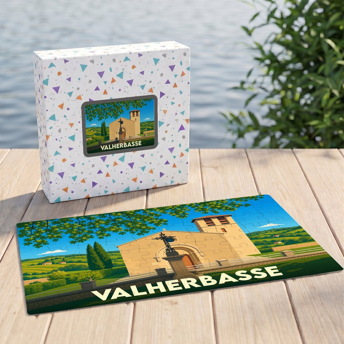 Puzzle souvenir de la ville de Valherbasse avec une illustration stylisée.