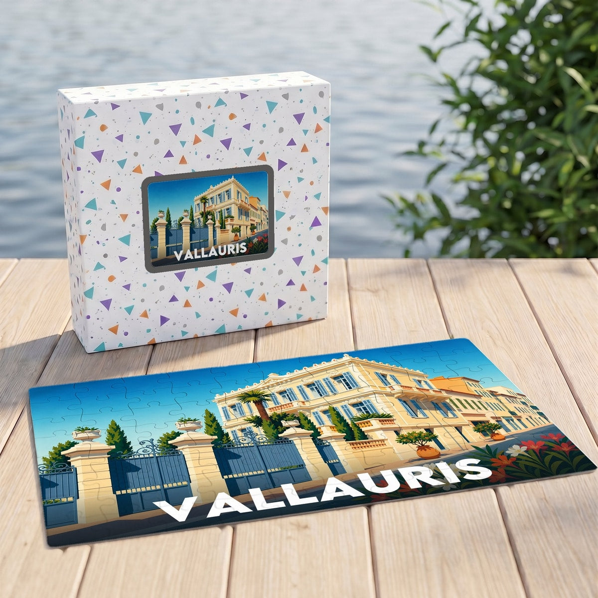 Puzzle souvenir de la ville de Vallauris avec une illustration stylisée d'une villa méditerranéenne.