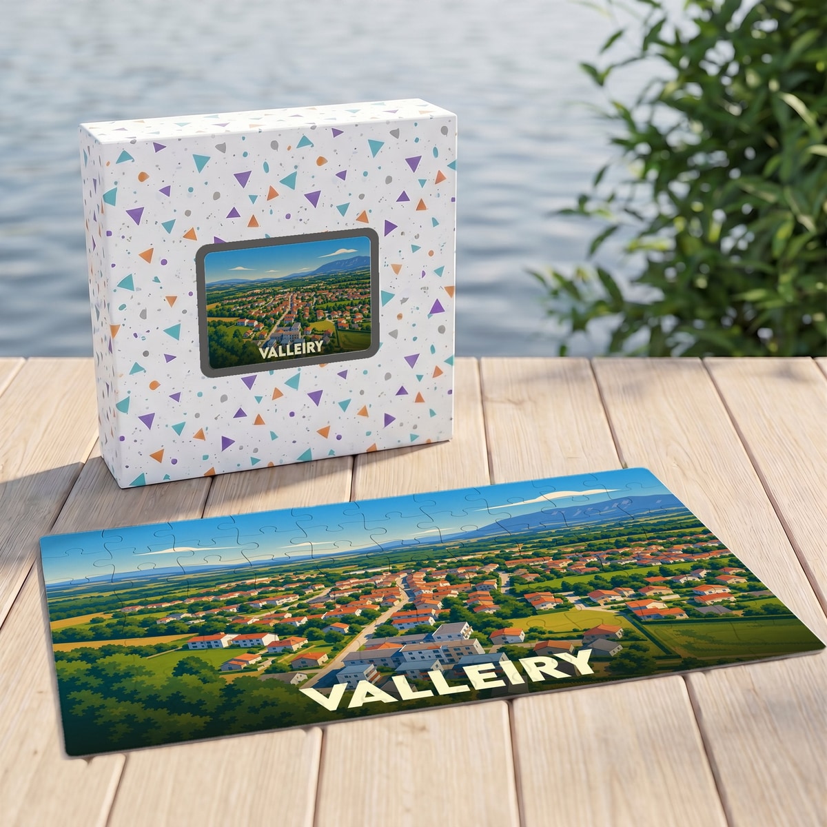 Puzzle souvenir de la ville de Valleiry avec une illustration paysagère stylisée.