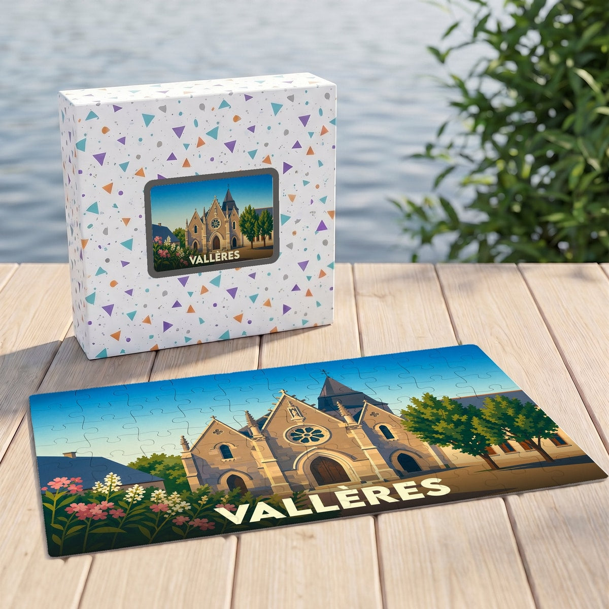 Puzzle souvenir de la ville de Vallères avec une illustration stylisée de son église.