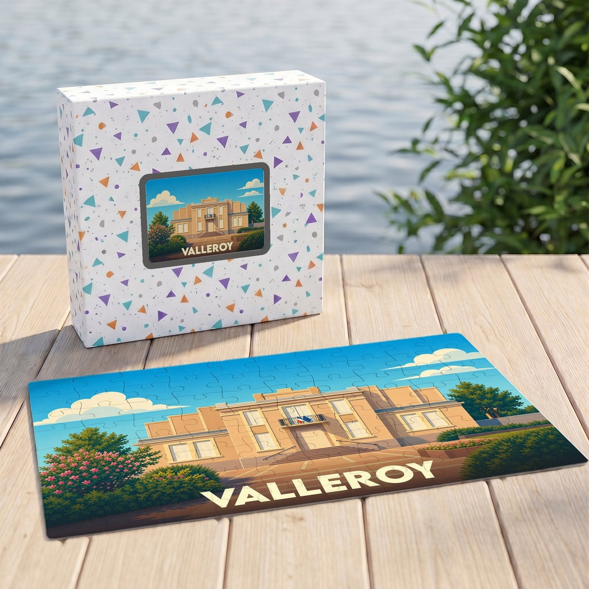 Puzzle souvenir de la ville de Valleroy avec une illustration stylisée de son hôtel de ville.