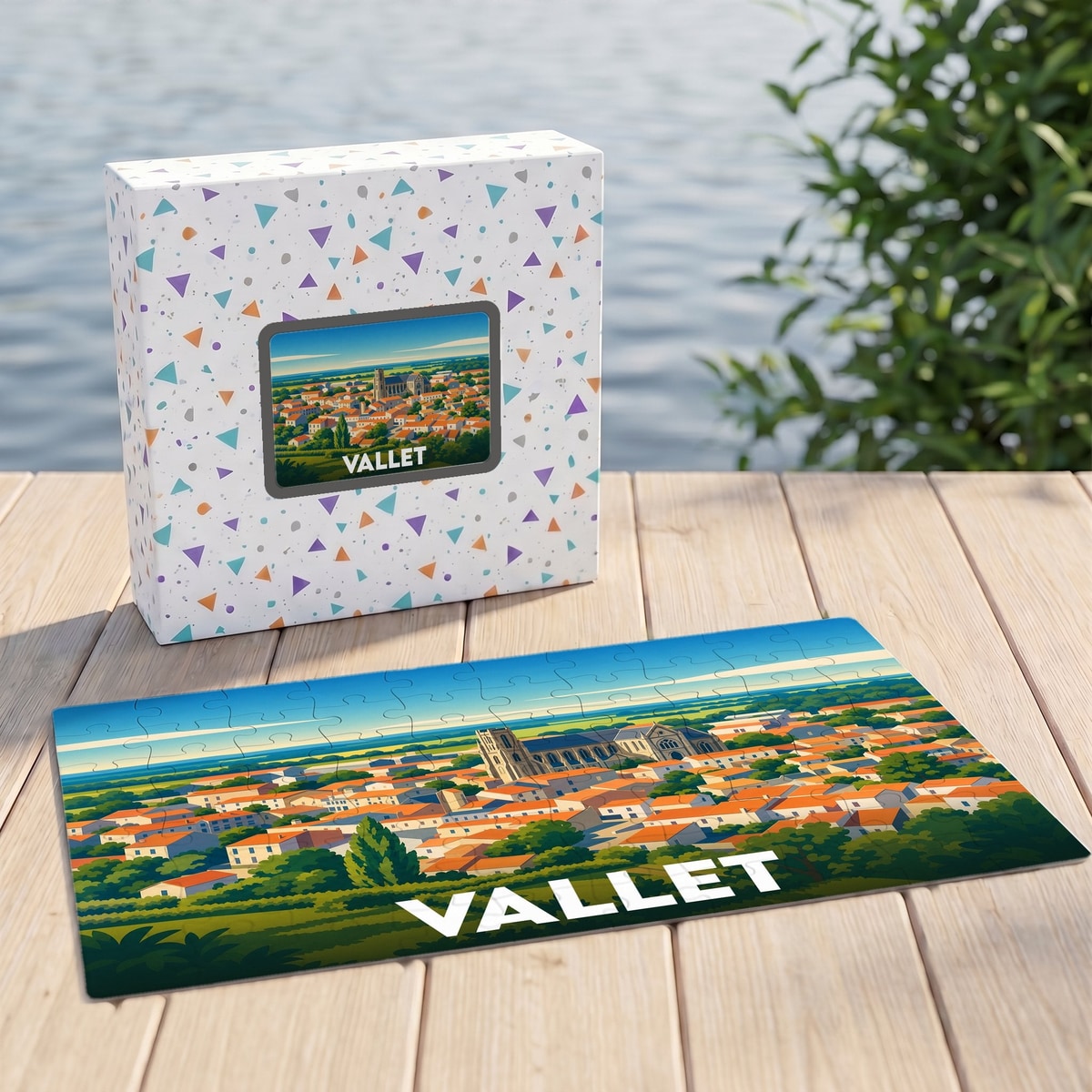Puzzle souvenir de la ville de Vallet avec une illustration stylisée d'un paysage urbain.