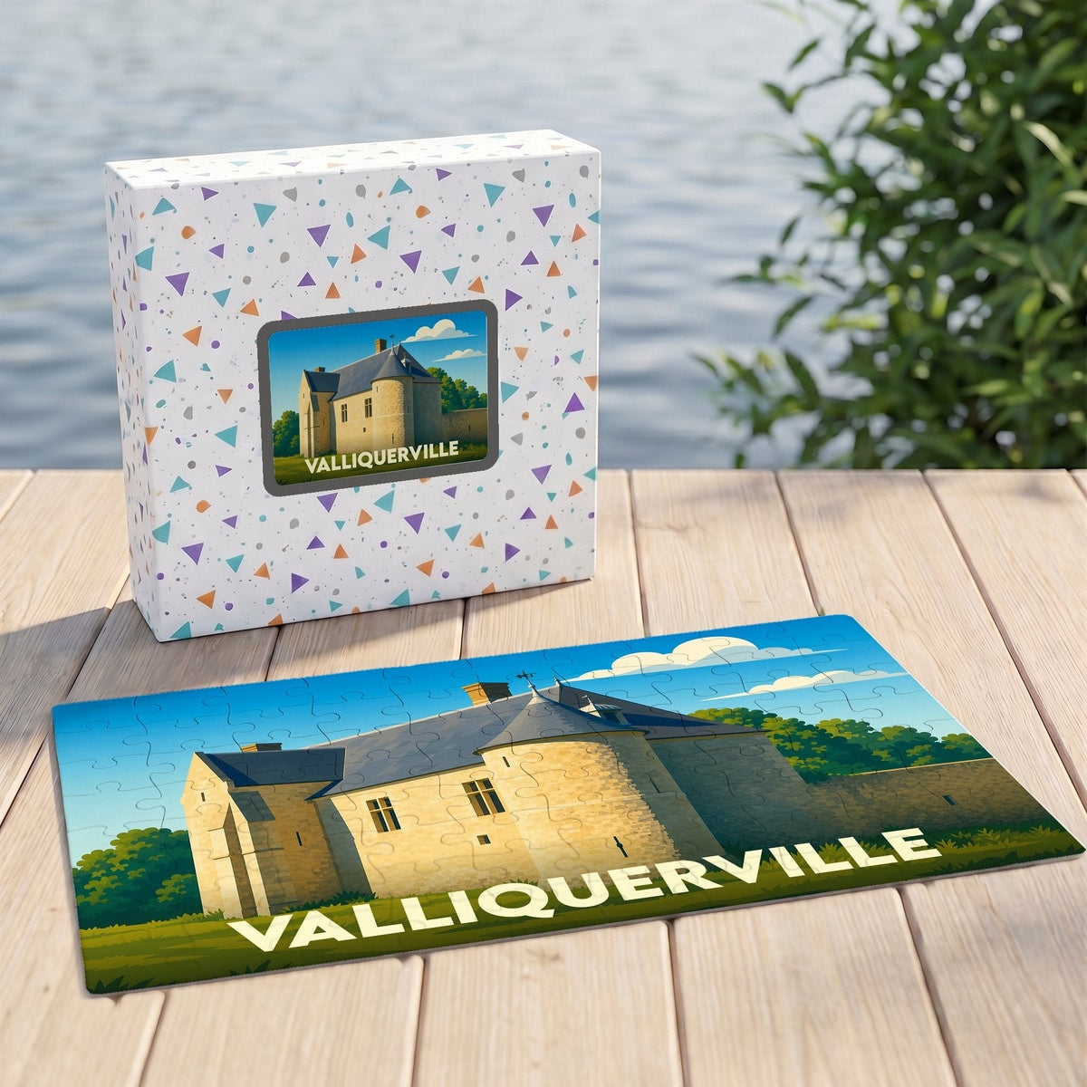Puzzle souvenir de la ville de Valliquerville représentant un château avec une illustration stylisée.