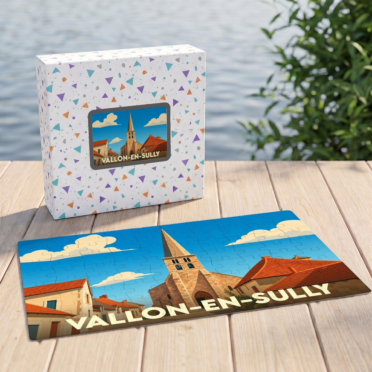 Puzzle souvenir de la ville de Vallon-en-Sully avec une illustration stylisée de son église et de ses toits rouges.