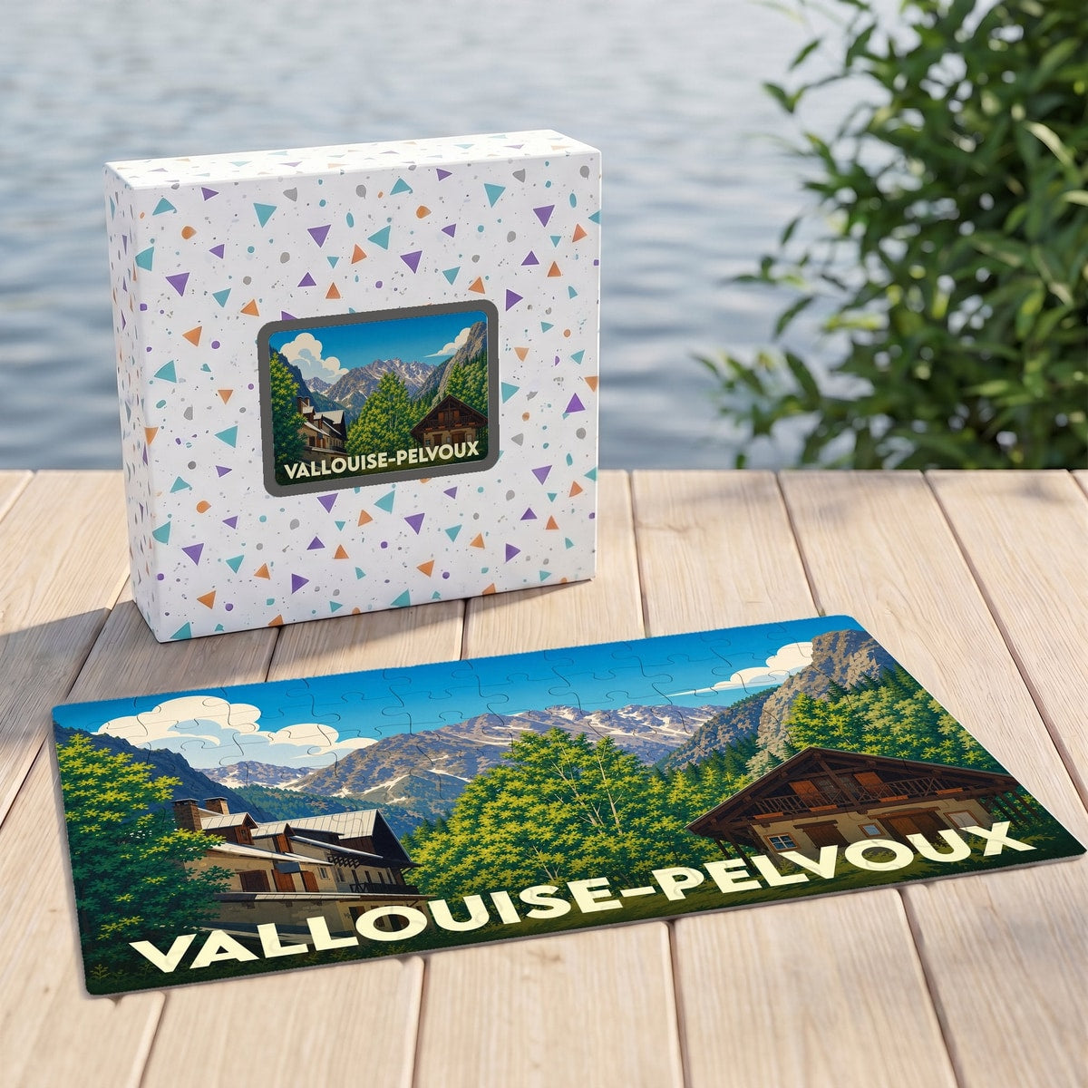 Puzzle souvenir de la ville de Vallouise-Pelvoux avec une illustration de paysage montagneux.