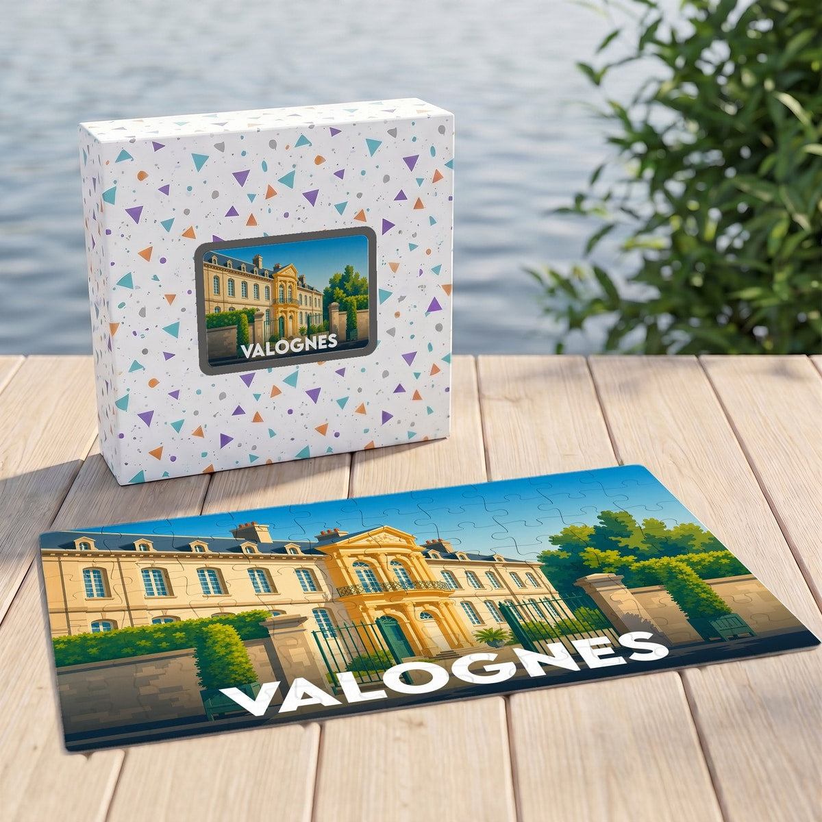 Puzzle souvenir de la ville de Valognes avec une illustration stylisée de son architecture.