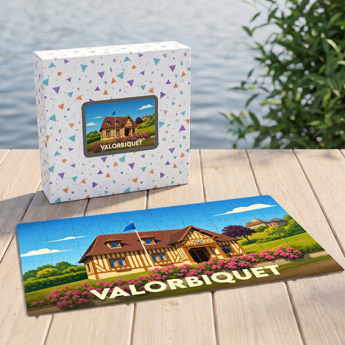 Puzzle souvenir de la commune de Valorbiquet illustré par une maison normande traditionnelle.