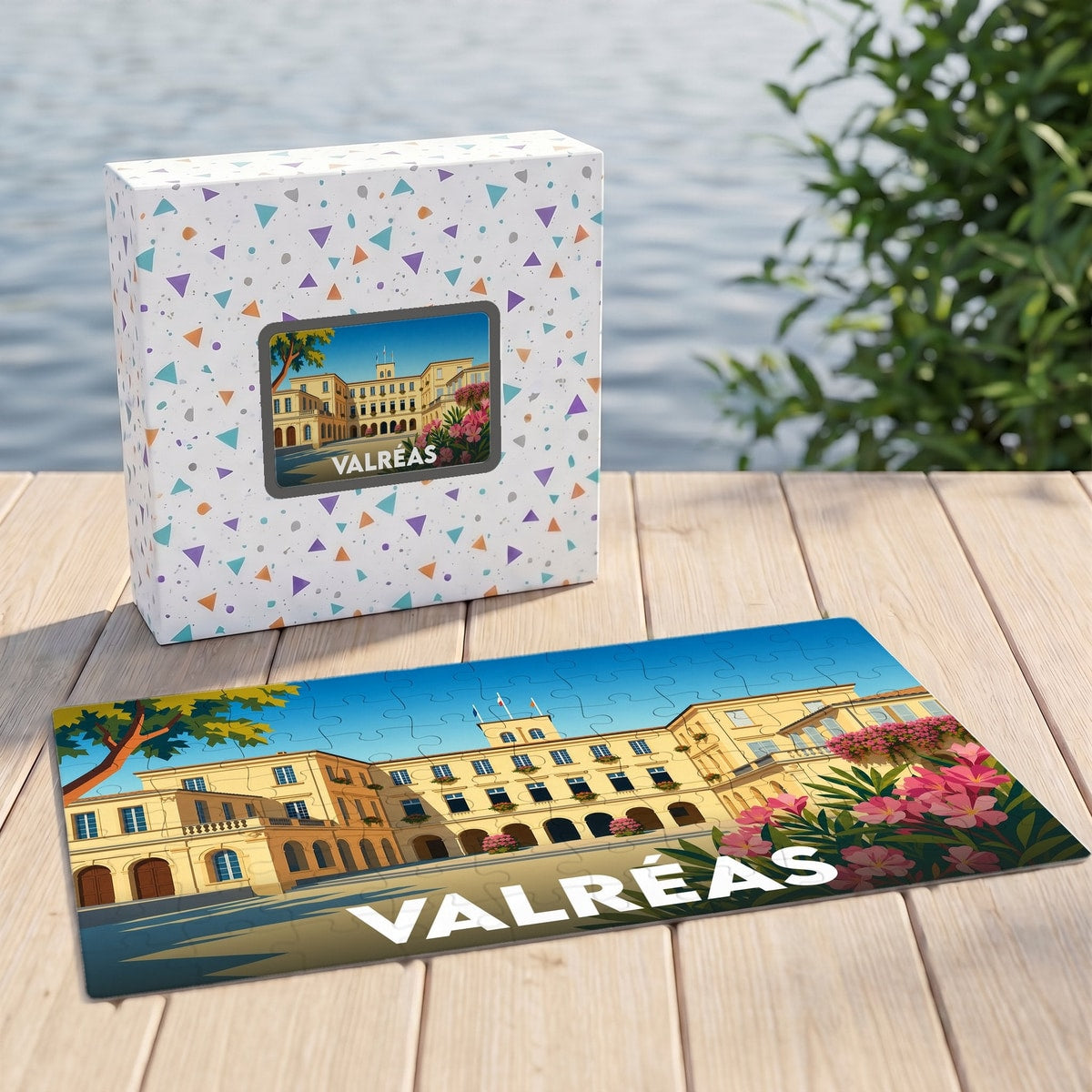 Puzzle souvenir de la ville de Valréas avec une illustration stylisée d'un bâtiment historique.